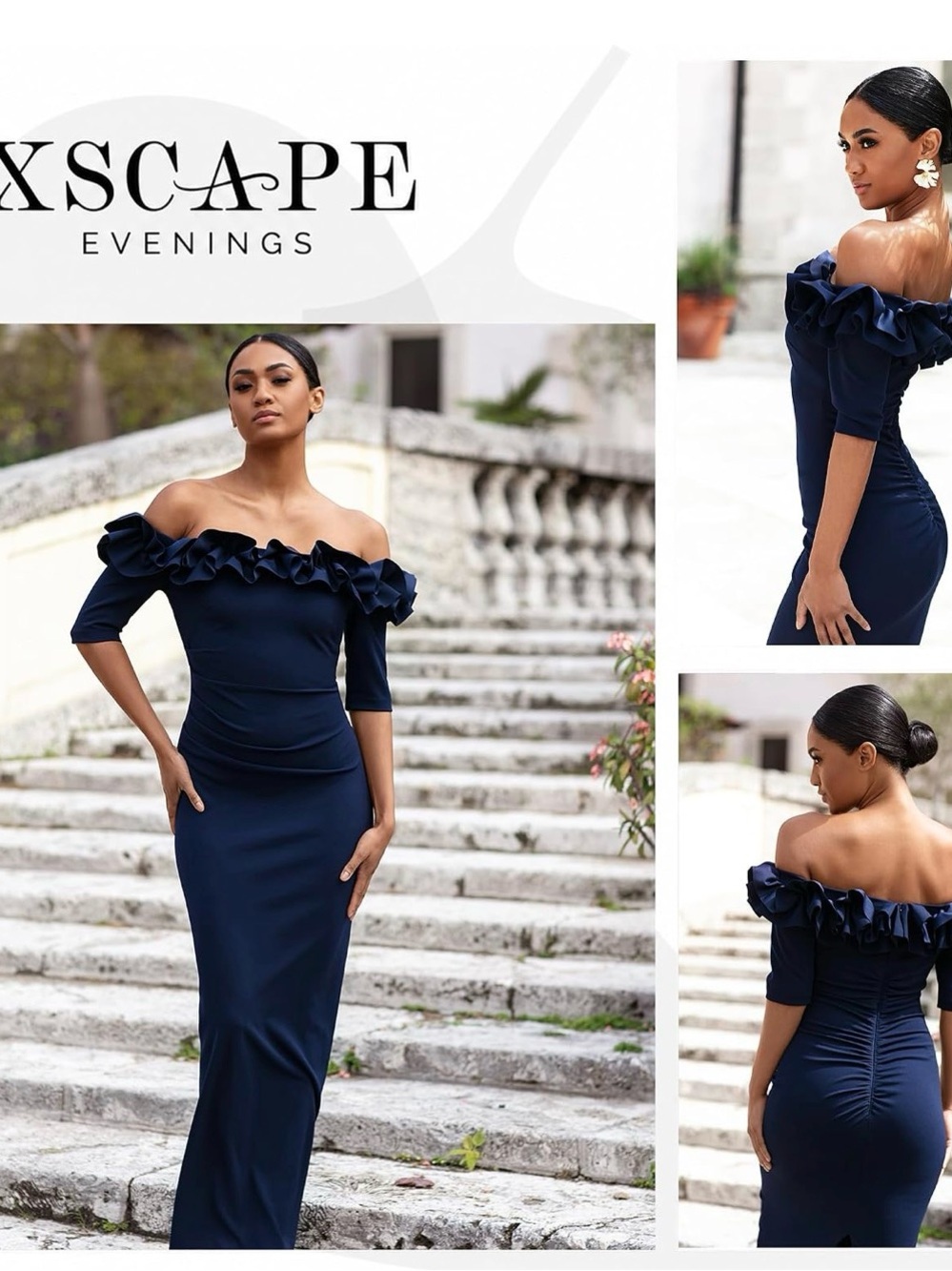 Xscape Navy One-Shoulder Ruffle Evening Gown